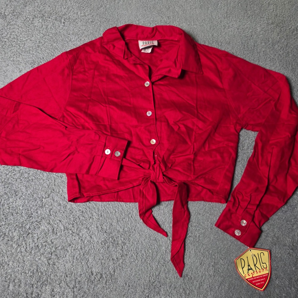 Paris Express Womens Medium Top Red Tie Front Long Sleeve Button Up Cropped USA